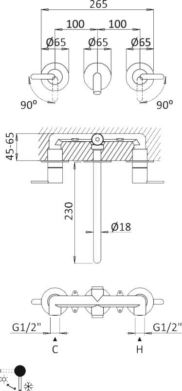 Смеситель Cezares Leaf BLI3L-01-W0 С ВНУТРЕННЕЙ ЧАСТЬЮ, для раковины LEAF-BLI3L-01-W0 - 1