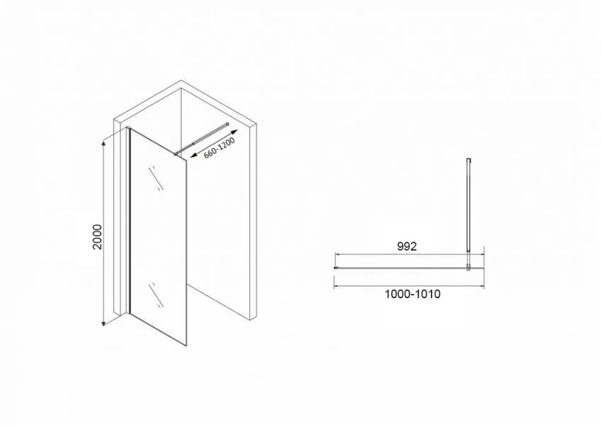 Душевая перегородка Abber Immer Offen 100х200 профиль черный стекло рифленое AG61101R8 - 3