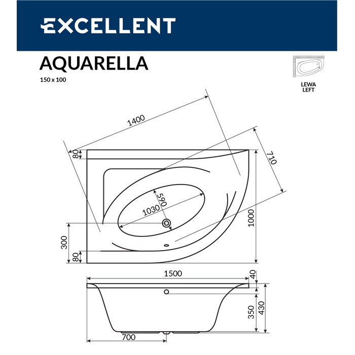 Ванна акриловая Excellent Aquaria Line 150x100 L с гидромассажем белый - золото WAEX.ARL15.LINE.GL - 7