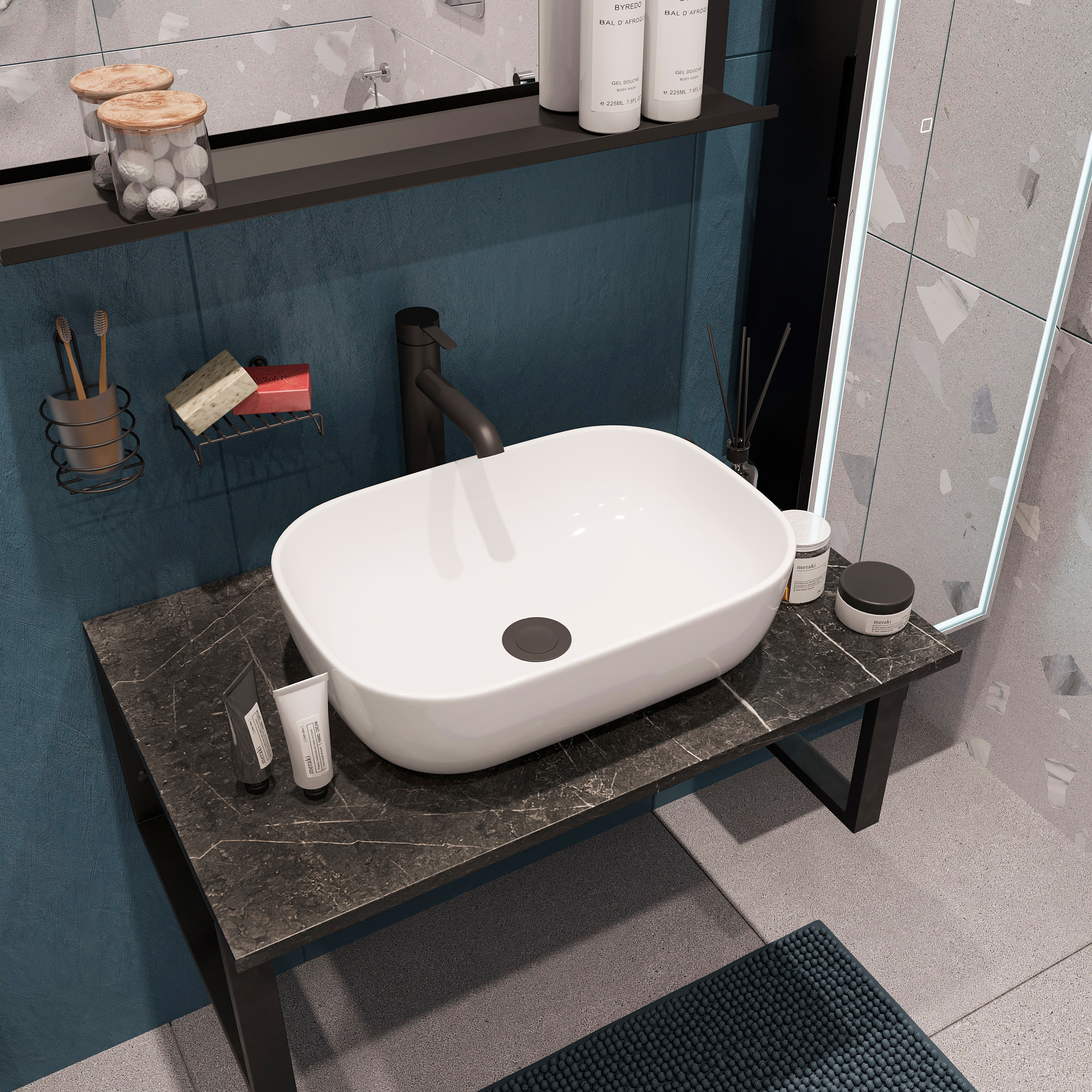 Столешница с раковиной DIWO Элиста 80 чёрный мрамор, с раковиной Moduo 50 Square 555123 - 3