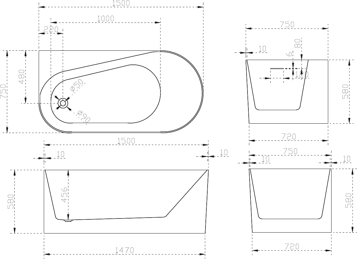 Акриловая ванна Abber 150x75 белый  AB9496-1.5 L - 3