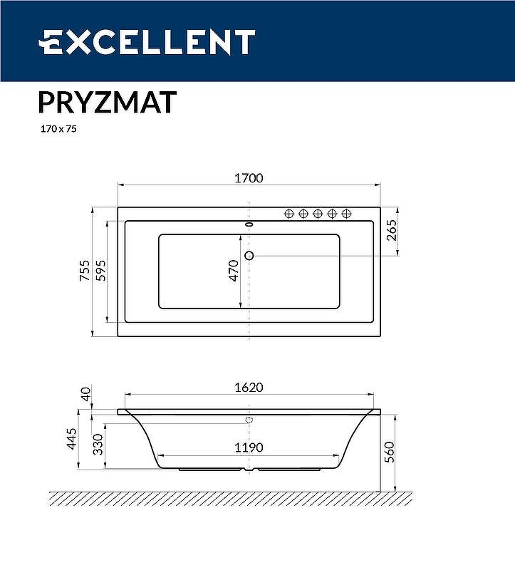 Акриловая ванна Excellent Pryzmat Slim 170x75 белая золото с гидромассажем WAEX.PRY17S.SOFT.GL - 2