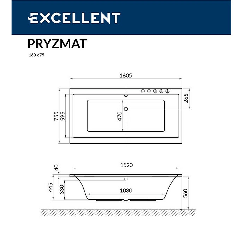 Акриловая ванна Excellent Pryzmat 160х75 белая золото с гидромассажем WAEX.PRY16.LINE.GL - 2