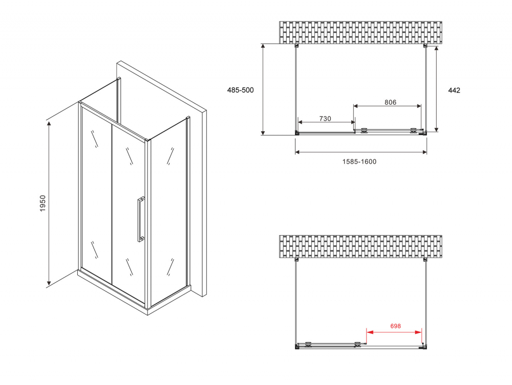 Душевой уголок Abber Schwarzer Diamant 160x50 профиль хром стекло матовое AG30160MH-S50M-S50M - 4