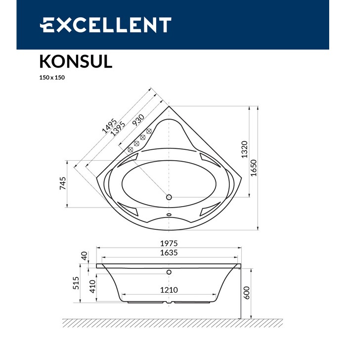 Ванна акриловая Excellent Konsul Soft 150х150 с гидромассажем белый - золото WAEX.KON15.SOFT.GL - 6