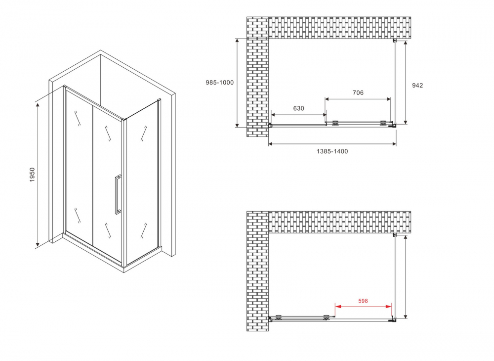 Душевой уголок Abber Schwarzer Diamant 140x100 профиль черный стекло матовое AG30140BMH-S100BM-S100BM - 4