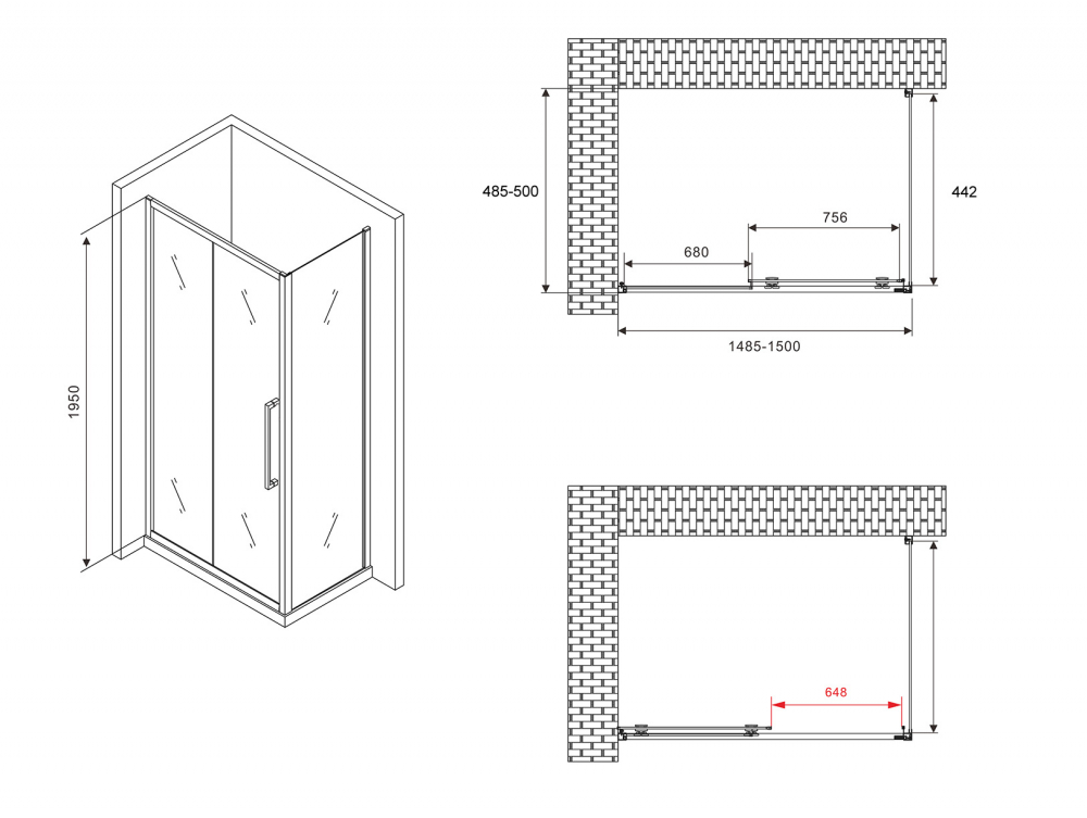 Душевой уголок Abber Schwarzer Diamant 150x50 профиль черный стекло прозрачное AG30150BH-S50B - 4