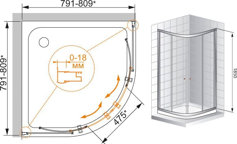 Душевой уголок Cezares Pratico R2 80 P Cr PRATICO-R-2-80-P-Cr - 7