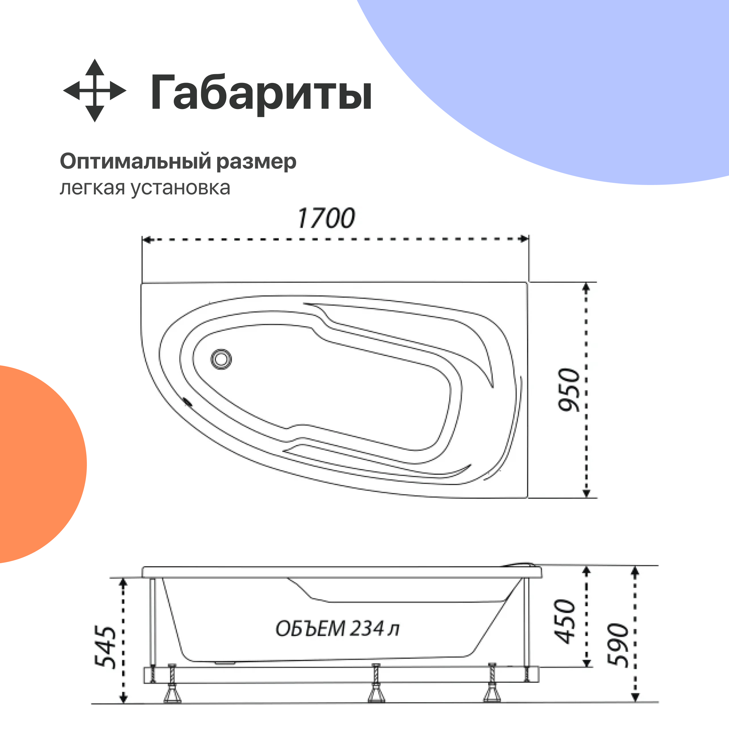 Акриловая ванна DIWO Валдай 170x95 L с каркасом 567966 - 5