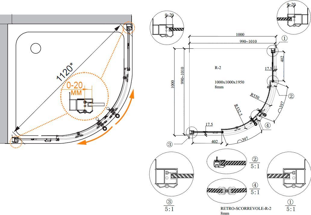Душевой уголок Cezares Retro scorrevole A R2 100 CP Br RETRO-A-R-2-100-SCORREVOLE-CP-Br - 3