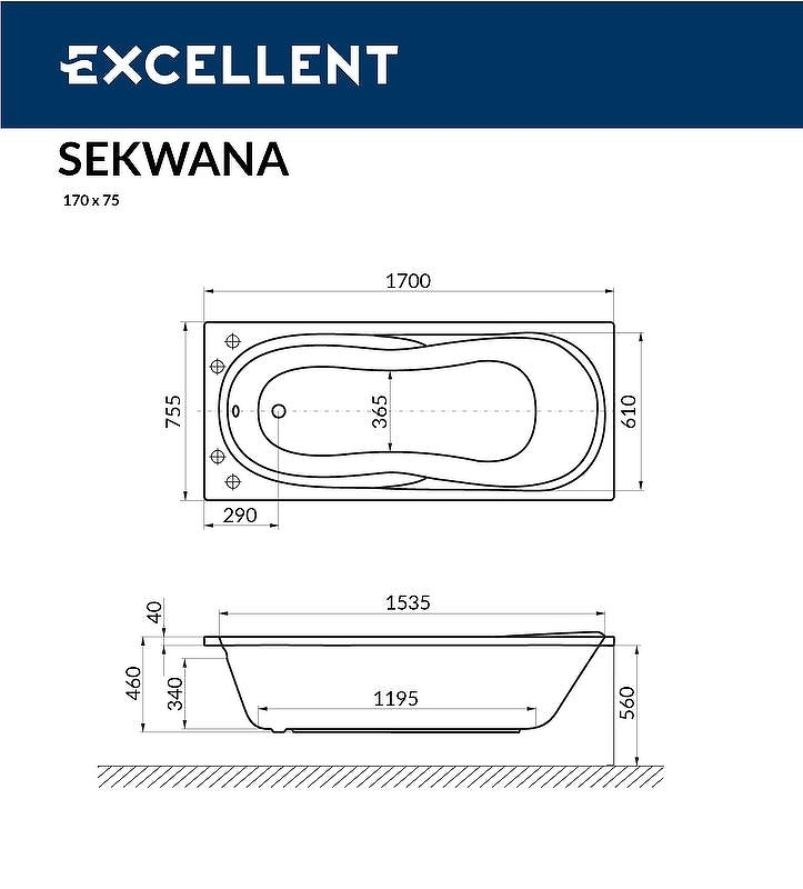 Акриловая ванна Excellent Sekwana 170х75 белая золото с гидромассажем WAEX.SEK17.RELAX.GL - 2