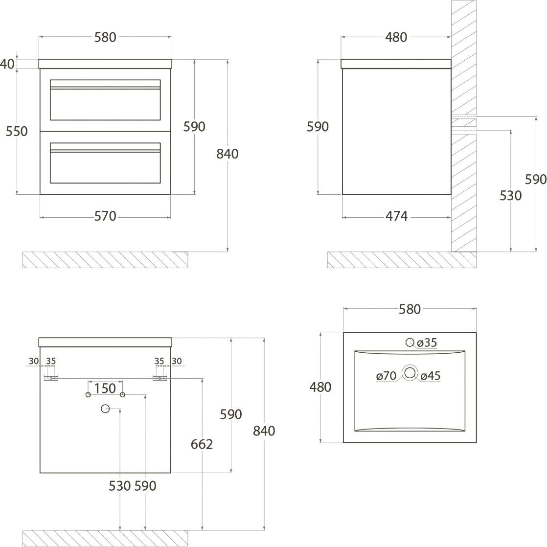 Тумба для комплекта Art&Max Platino 60, подвесная, серый матовый AM-Platino-580-2C-SO-GM - 3