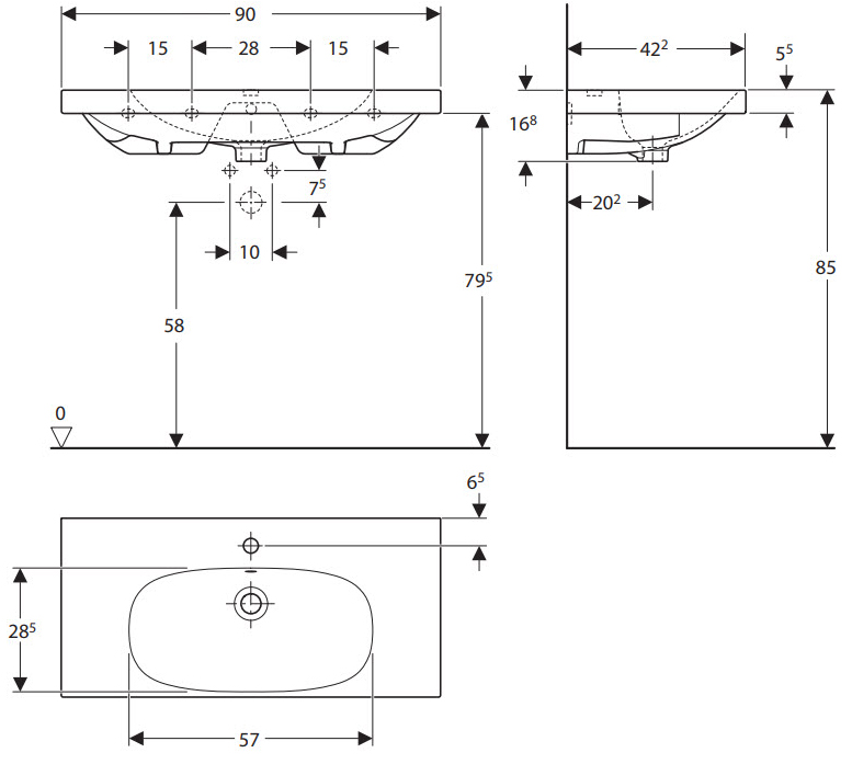 500.633.01.2 Geberit Acanto Раковина Compact, 900 x 420 мм, с отв. под смеситель, с переливом - 1