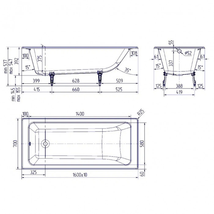 Ванна чугунная Delice Parallel 160x70 с антискользящим покрытием DLR220504-AS - 3