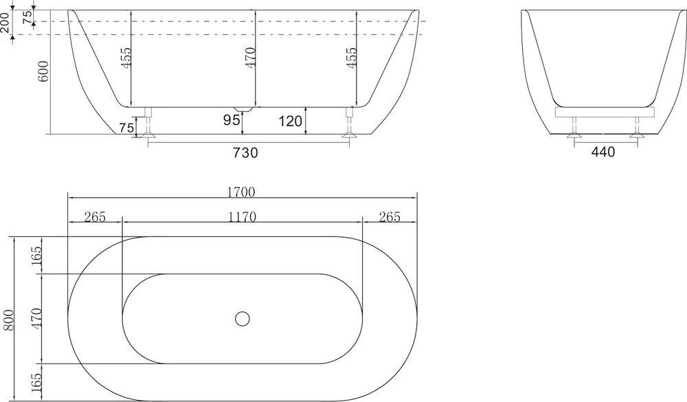 Акриловая ванна BELBAGNO BB70-1700-800-W/NM Белый Глянец внутри, черный матовый снаружи - 4