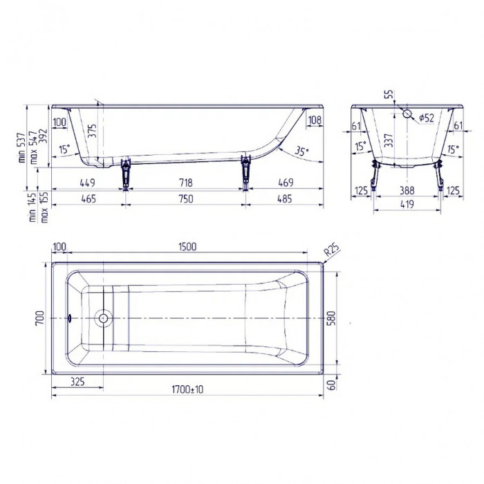 Ванна чугунная Delice Parallel 170х70 с антискользящим покрытием  DLR220505-AS - 3