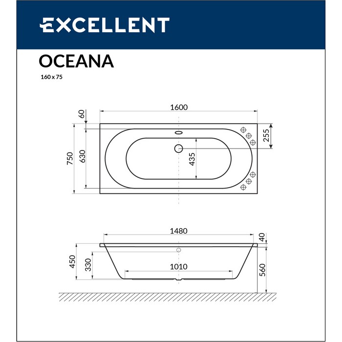 Ванна акриловая Excellent Oceana Ultra 160х75 с гидромассажем белый - золото WAEX.OCE16.ULTRA.GL - 8