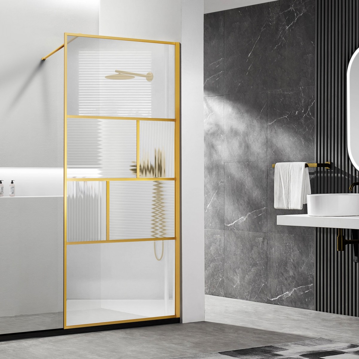 Душевая перегородка Vincea Walk-In 100х200 профиль брашированное золото стекло рифленое  VSW-1HC100CFBG - 0