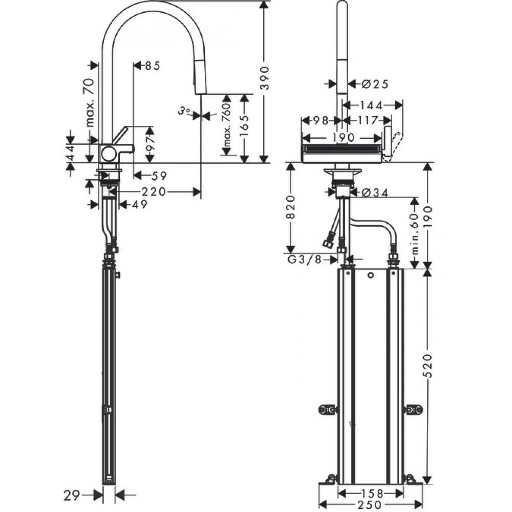 Кухонный смеситель hansgrohe Aquno Select M81, однорычажный, 170, с вытяжным душем, 3jet, sBox 73831000, хром - 7