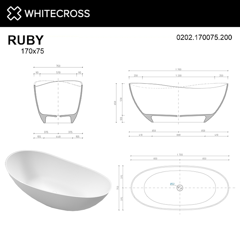 Ванна из литьевого мрамора Whitecross Ruby 170х75 белая матовая 0202.170075.200 - 3