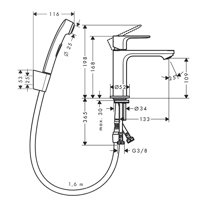 Смеситель для раковины Hansgrohe Rebris S с гигиеническим душем хром 72215000 - 1