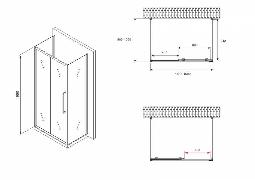 Душевой уголок Abber Schwarzer Diamant 160x100 профиль черный стекло матовое AG30160BMH-S100BM-S100BM - 4