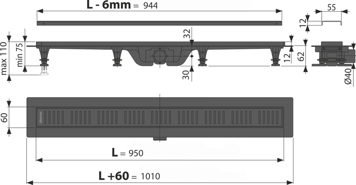 Душевой лоток AlcaPlast APZ10BLACK 950 с решеткой и опорами APZ10BLACK-950M - 1