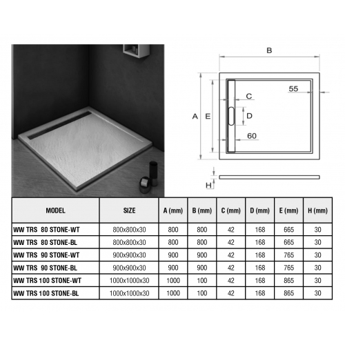 Душевой поддон с сифоном WeltWasser WW TRS 90 STONE-BL 90х90 черный  10000004412 - 1
