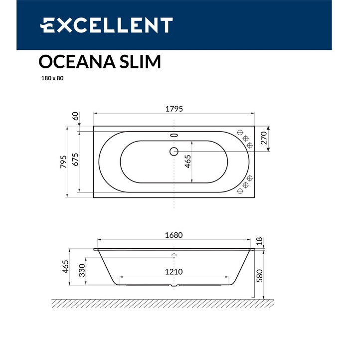 Ванна акриловая Excellent Oceana Slim Ultra 180х80 с гидромассажем белый - бронза WAEX.OCE18S.ULTRA.BR - 19