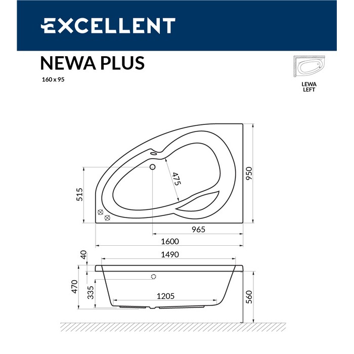 Ванна акриловая Excellent Newa Line L 160х95 с гидромассажем белый - золото WAEX.NEL16.LINE.GL - 7