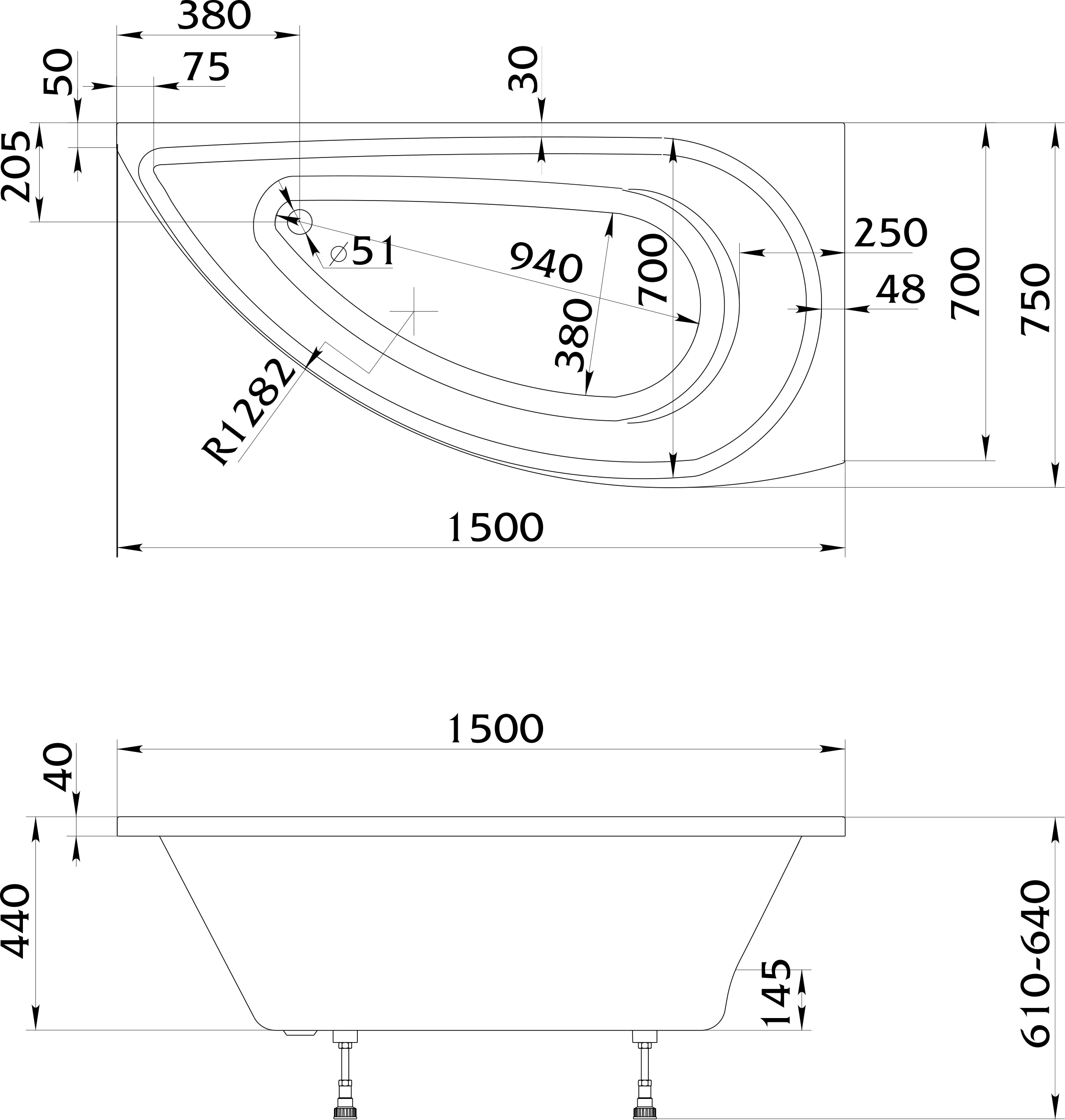 Акриловая ванна STWORKI Лунд 150х75, R 565431 - 3