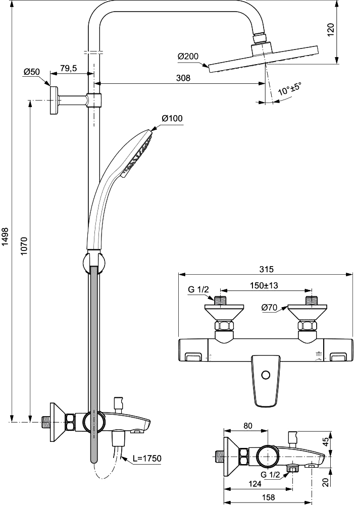 Душевая стойка Ideal Standard Ceratherm T25 A7590AA - 7