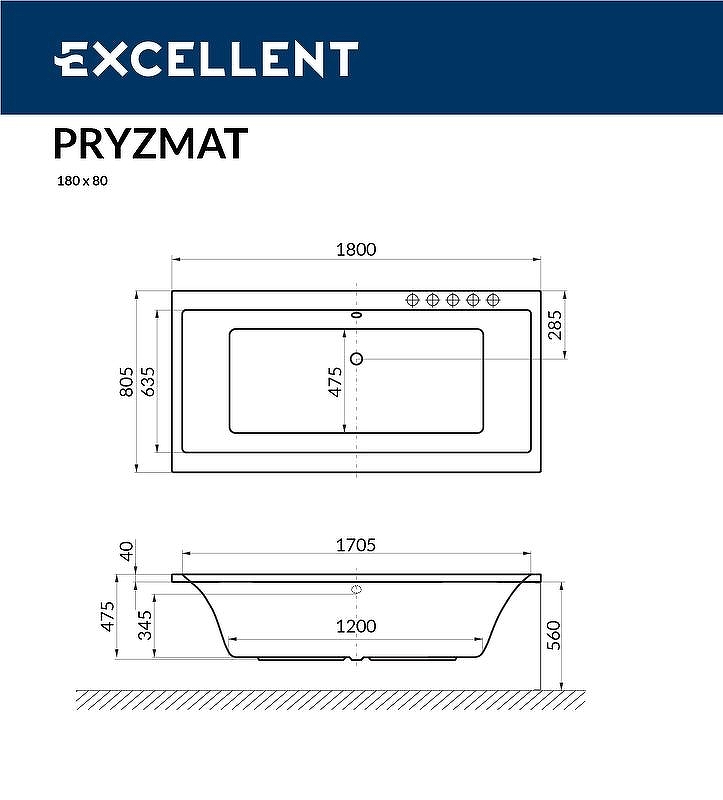 Акриловая ванна Excellent Pryzmat Slim 180x80 белая золото с гидромассажем WAEX.PRY18S.ULTRA.GL - 2