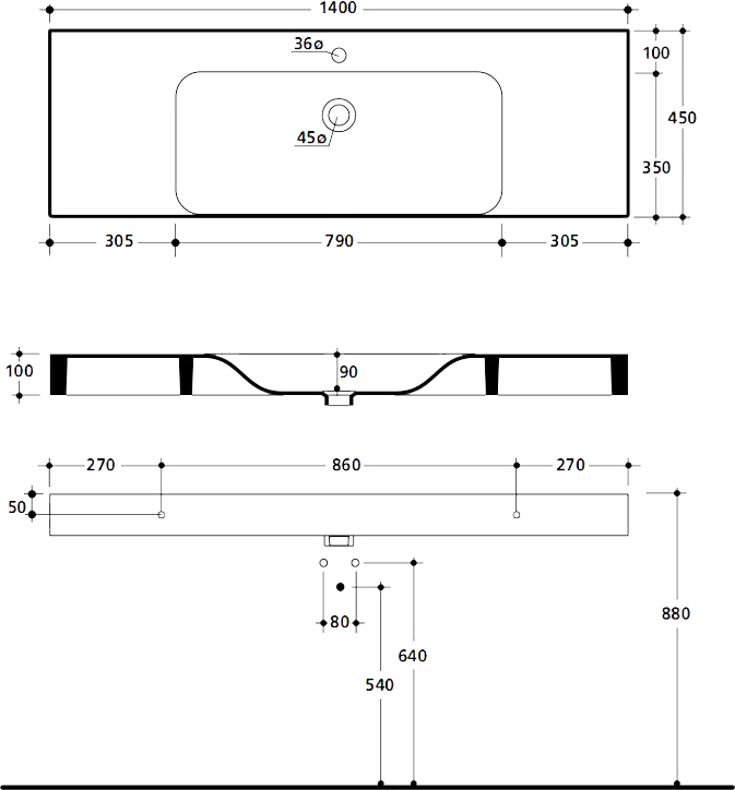 Раковина Kerasan Cento 3535 140 см 353501*1 - 3