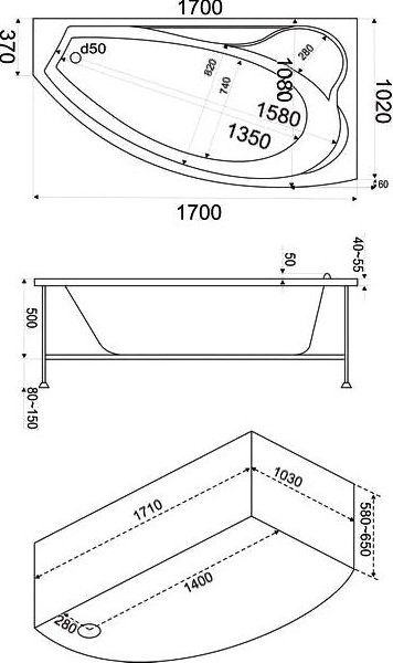 Акриловая ванна Bas Николь 170x108 см R с г/м ВГ00180 - 1