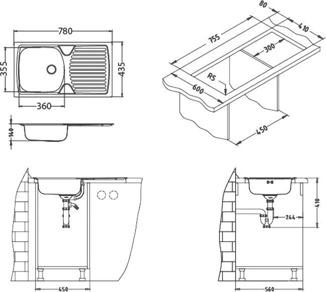 Мойка BASIC 170 NAT-90 NEW 780X435 в комплекте с сифоном 1130550, 1136539 - 2