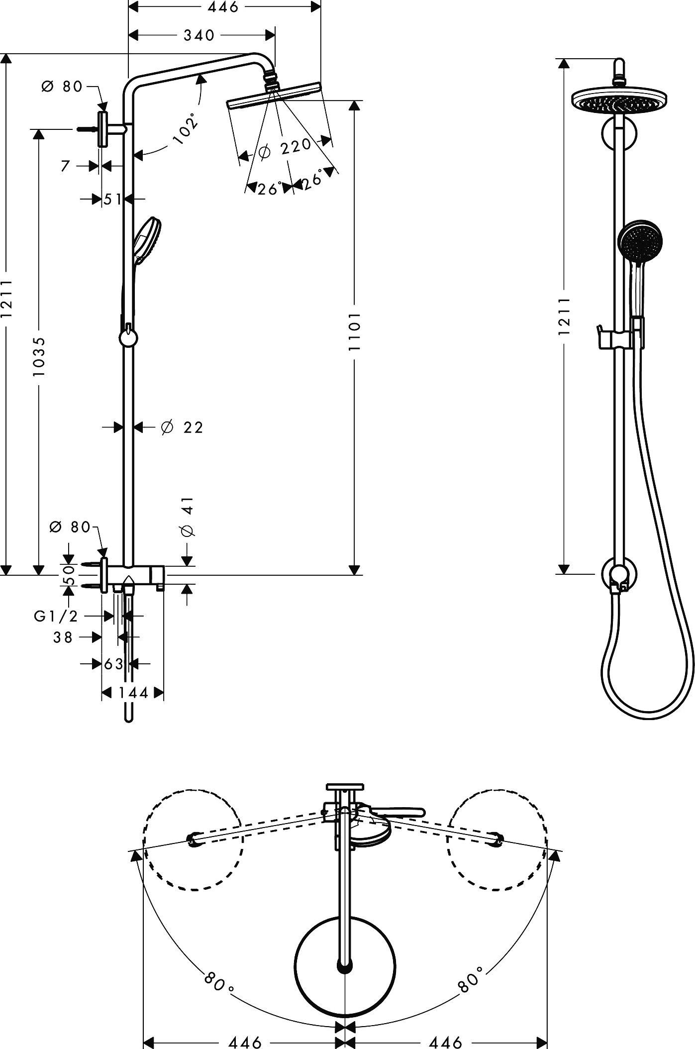 Душевая стойка Hansgrohe Croma 220 Showerpipe Reno 27224000 - 13