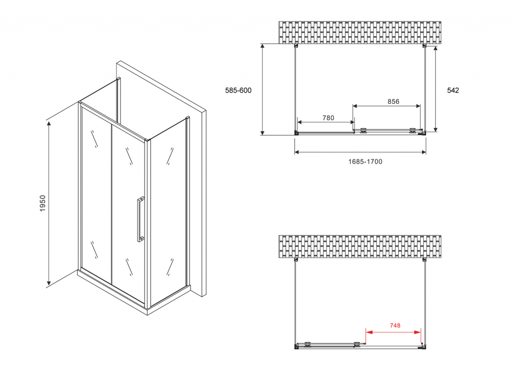 Душевой уголок Abber Schwarzer Diamant 170x60 профиль хром стекло матовое AG30170MH-S60M-S60M - 4