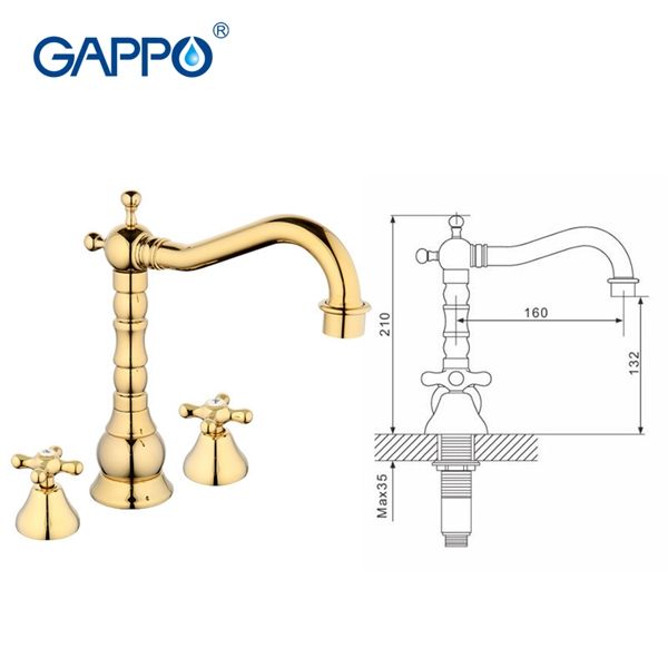 Смеситель для раковины Gappo на 3 отверстия золото G1163-6 - 4
