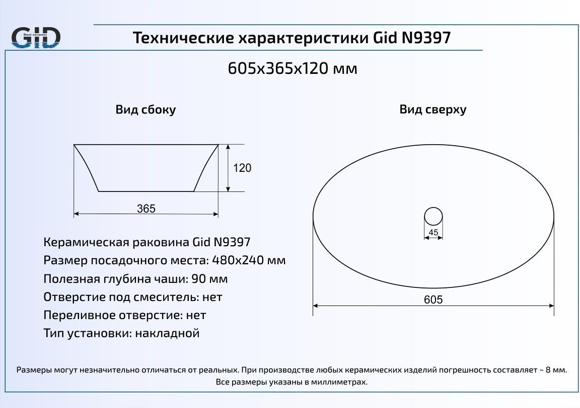 Накладная раковина Gid  60.5 см  N9397 - 1