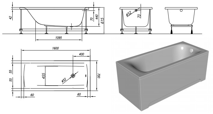 Ванна акриловая Kolpa san Evelin 160x70 белый 5807-01 - 3