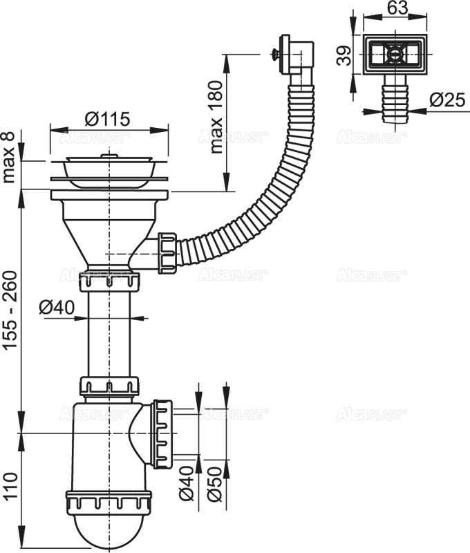 A447 -DN50/40 Сифон для мойки с нержавеющей решеткой A447-DN50/40 - 1