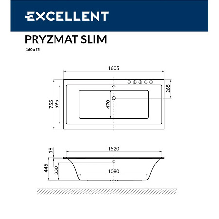 Акриловая ванна Excellent Pryzmat Slim 160x75 белая бронза с гидромассажем WAEX.PRY16S.ULTRA.BR - 2