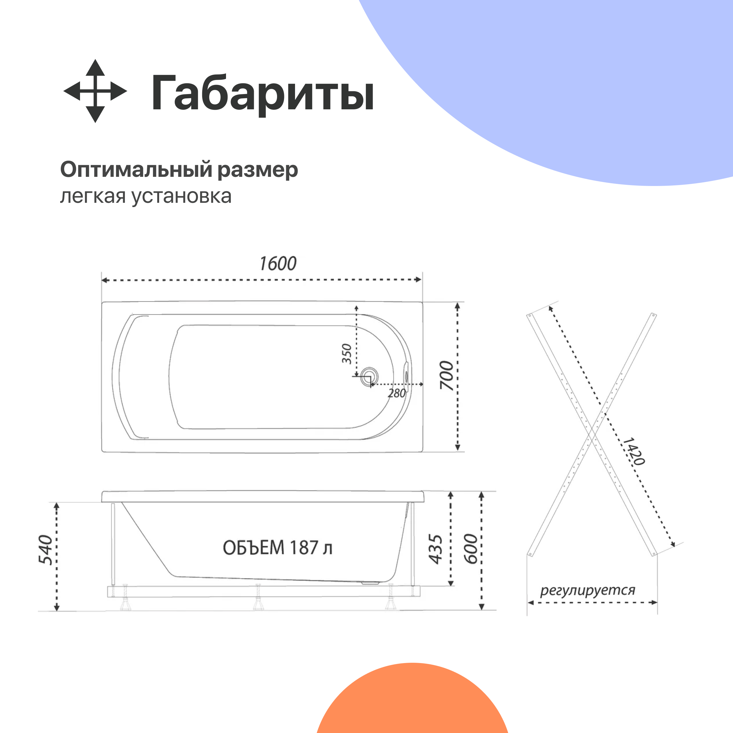 Акриловая ванна DIWO Углич 160x70 с каркасом 567867 - 4