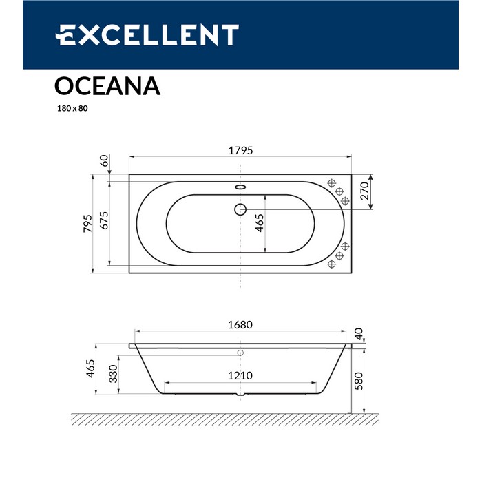 Ванна акриловая Excellent Oceana Line 180х80 с гидромассажем белый - хром WAEX.OCE18.LINE.CR - 6