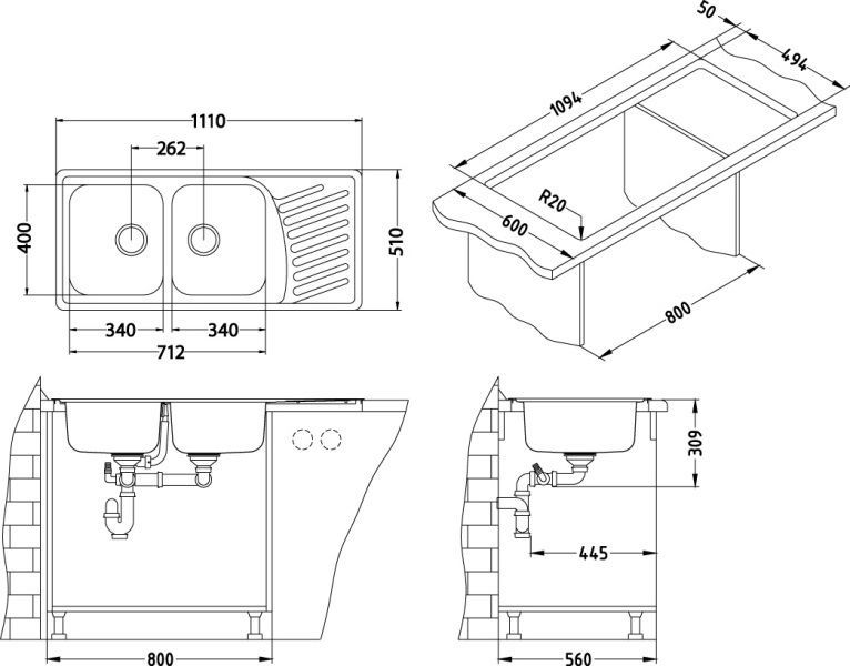 Мойка ELEGANT 70 SAT-90 1110X510 в комплекте с сифоном 1130555, 1009386 - 2