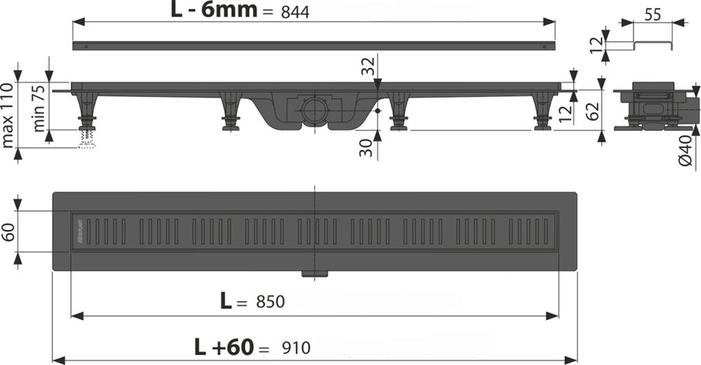 Душевой лоток AlcaPlast APZ10BLACK 850 с решеткой и опорами APZ10BLACK-850M - 1