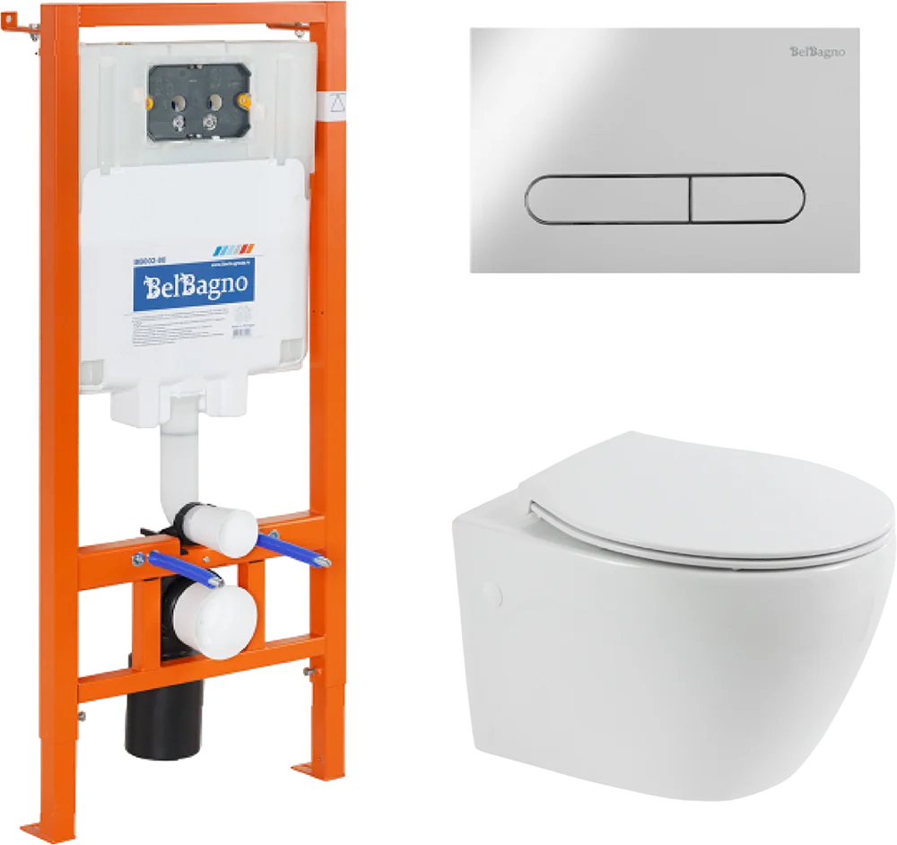 Комплект унитаза с инсталляцией BelBagno Prospero с сиденьем микролифт и кнопкой смыва белый глянцевый BB507B/BB1055SC/BB002-80/BB005-PR-CHROME - 0