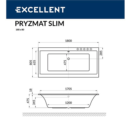 Акриловая ванна Excellent Pryzmat Slim 180x80 белая золото с гидромассажем WAEX.PRY18S.LINE.GL - 2