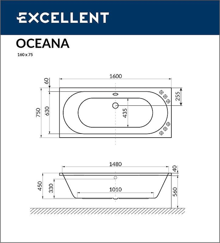 Ванна акриловая Excellent Oceana Line 160 x 75 с гидромассажем белый - хром WAEX.OCE16.LINE.CR - 6